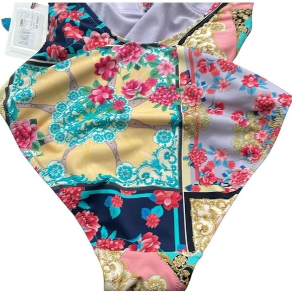 NWT- JOHNNY WAS JAPER PLUNGE ONE PIECE SWIMSUIT-SIZE SMALL- COLORFUL PATCHWORK P - Picture 14 of 16
